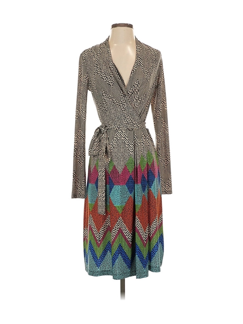Maggy London Womens Dress Faux Wrap Sz 4 Patchwork Retro Secretary Core